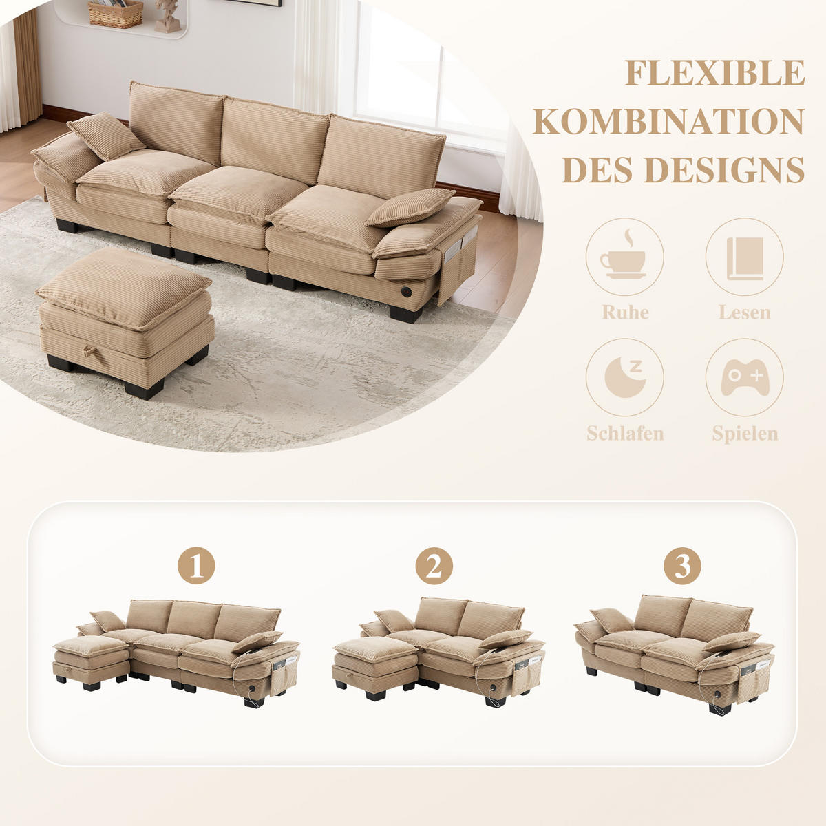 3-SITZER SOFA Cord Khaki mit Hocker, USB-C und Seitentaschen - Hellbraun, Holzwerkstoff/Kunststoff (260/132cm) - WISHDOR