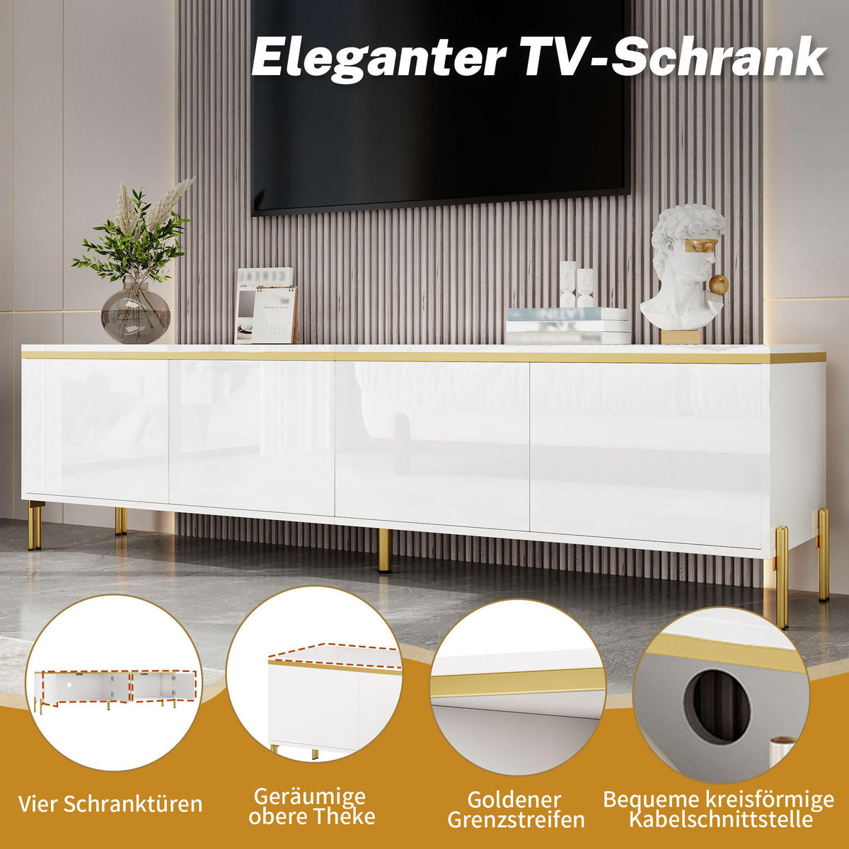 TV-STÄNDER Hochglanz 4 Türen Stauraum Kabelschnittstelle Goldkante - Weiß, Holzwerkstoff (38/50/170cm) - FLIEKS