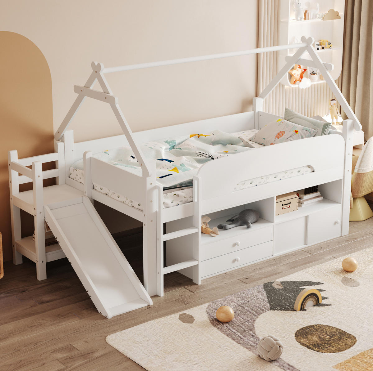 HAUSBETT 90/200 cm Weiß mit Rutsche und Sicherheitsgeländer - Weiß, Holz (90/200cm) - MIVRAY