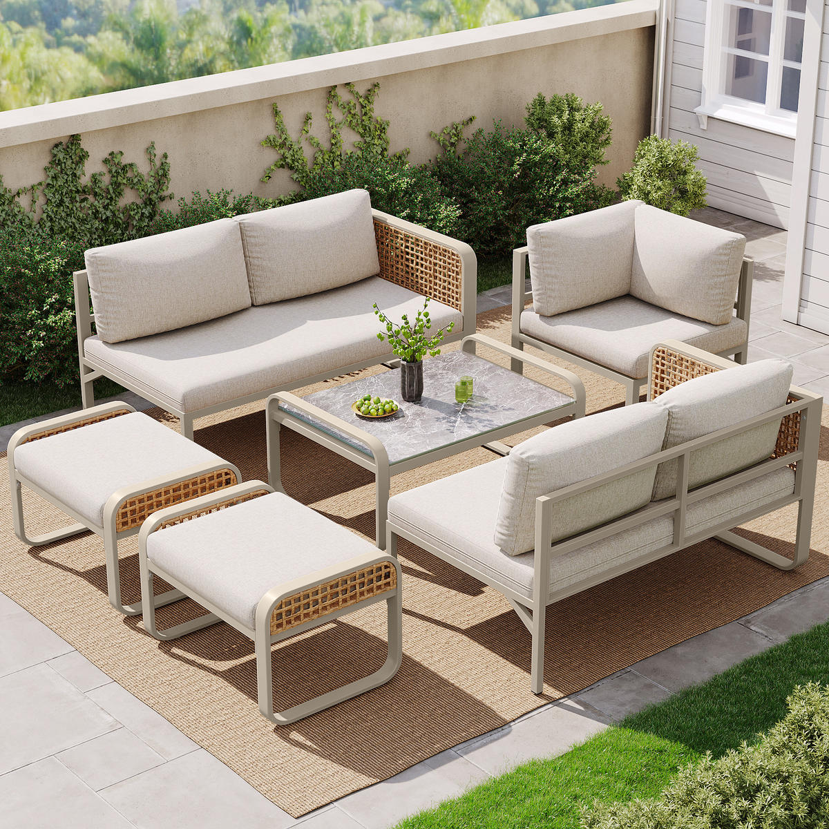 LOUNGESET 6-7 Personen Beige Rattan Mit Verstellbaren Füßen - Beige, Metall - FLIEKS