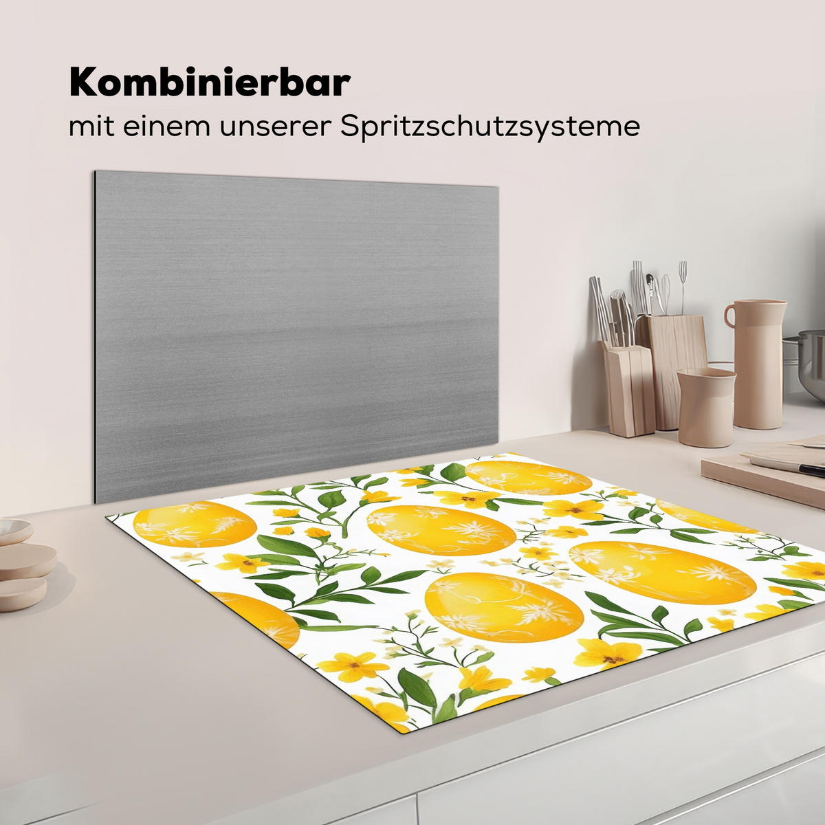 HERDABDECKPLATTE Blumen - Ostereier - Gelb Induktionsmatte 78x78 cm - Gelb, Kunststoff (78/78/0.2cm) - MuchoWow