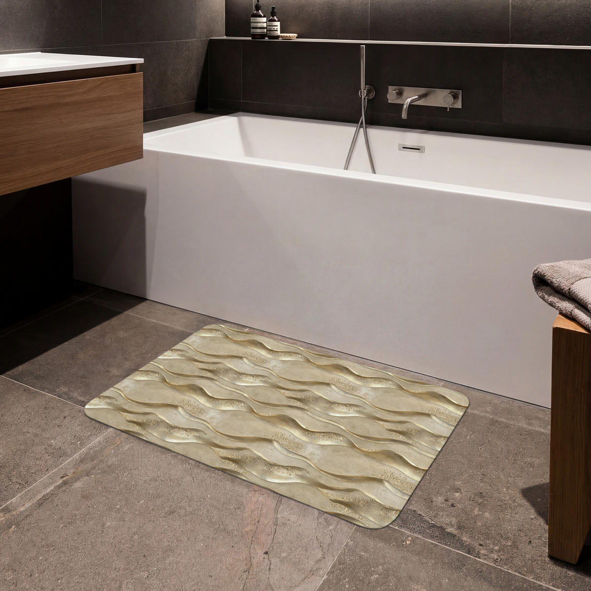 KOUPELNOVÁ PŘEDLOŽKA Vlny - vzor - zlaté 80x50 cm - barva mosazi, textil/plast (80/50cm)