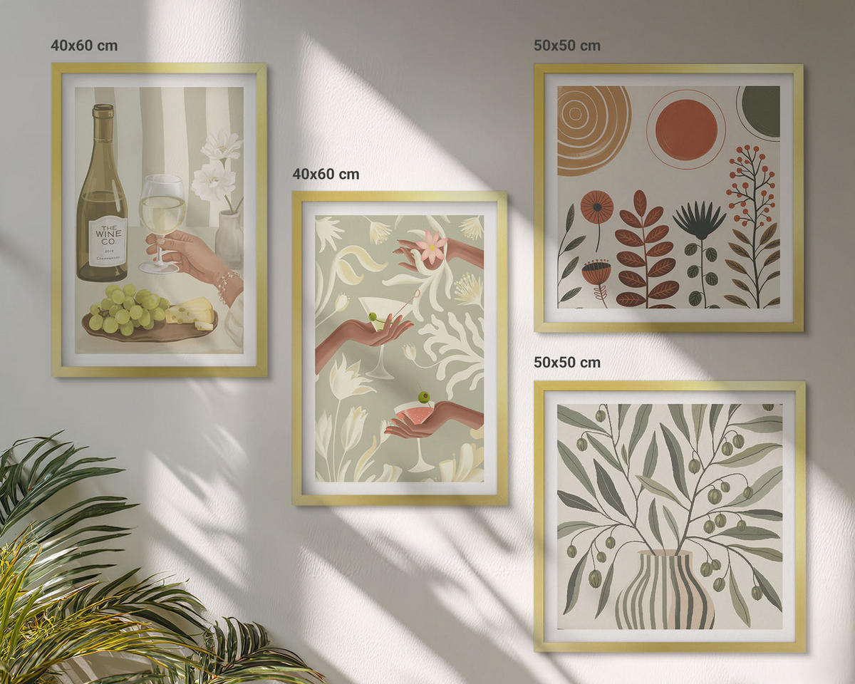 BILDER SET 4er Set - 50x50 cm & 40x60 cm Goldrahmen - Rustikale Cocktails mit Olivenblüten - Goldfarben, Kunststoff (50/50cm) - TULUP