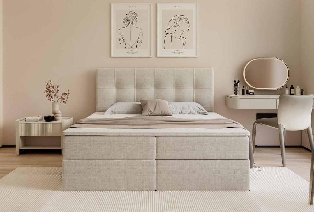 BOXBETT VENUS 200/200 cm, mit Matratze und Topper, Hellbeige - Sandfarben, Holzwerkstoff/Textil (200/200cm) - Idohome