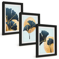 BILDER SET 3er Set - 20x30 cm Schwarzer Rahmen - Ginkgoblätter, heller Hintergrund - Schwarz, Kunststoff (20/30cm) - TULUP