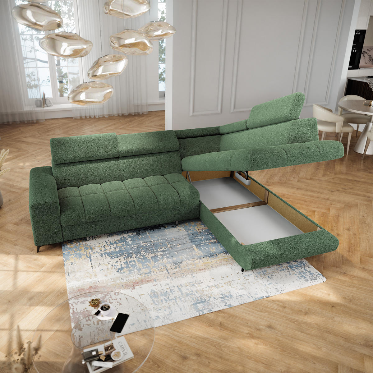 ECKSOFA MORIVA Q R-S Grün Boucle-Stoff mit Schlaffunktion - Grün, Holzwerkstoff/Textil (253/190cm) - MASSENO
