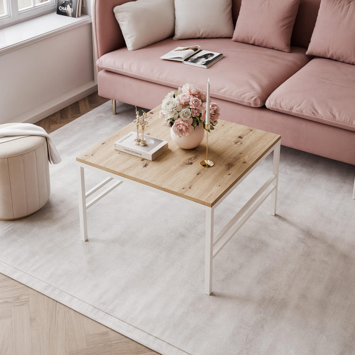 COUCHTISCH FORMA 70/70 cm Quadrat, Weiß / Artisan-Eiche - Weiß/Eiche Artisan, Metall (70/70/46cm) - Idohome
