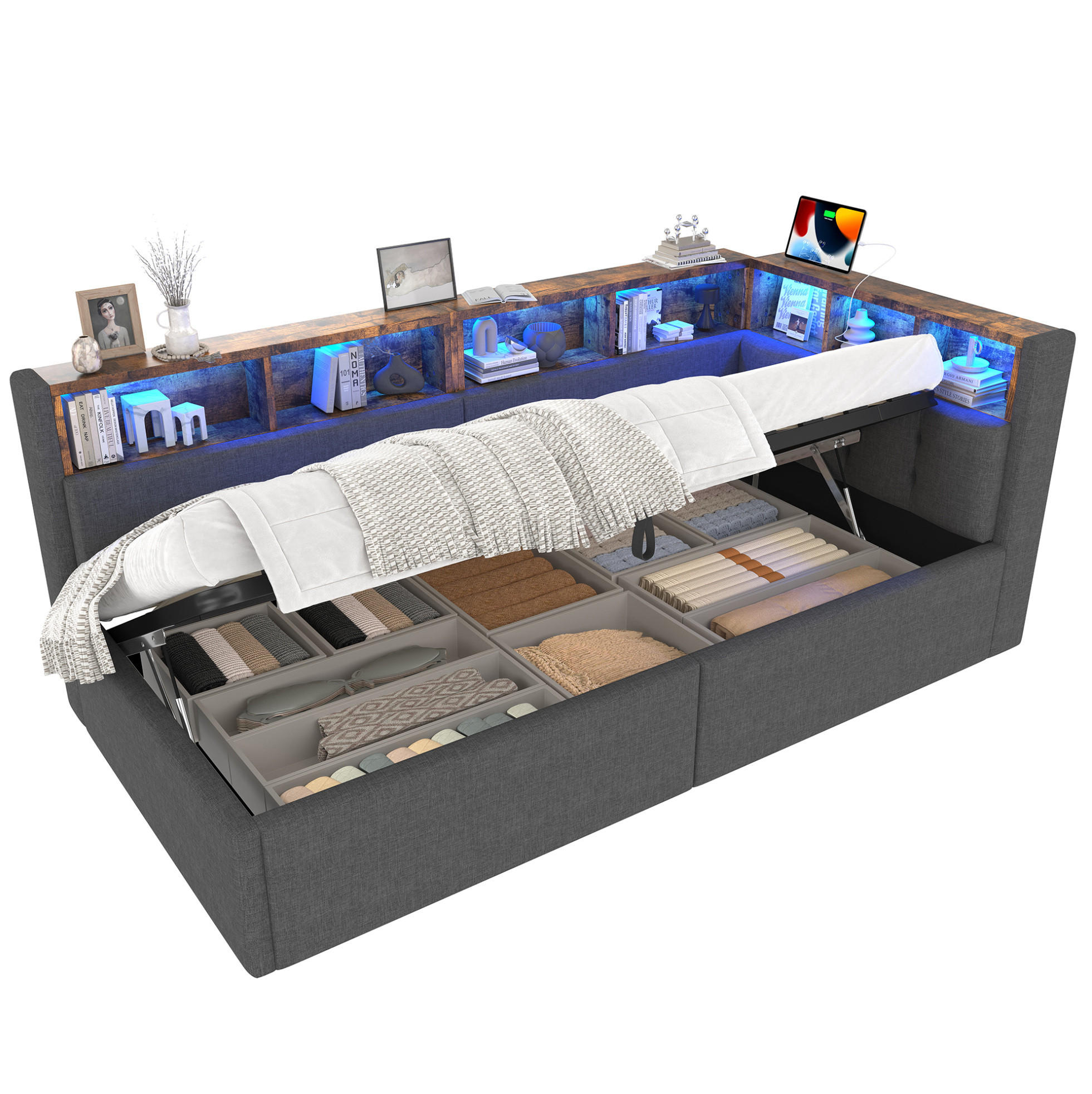 POLSTERBETT 90/200 cm Grau aus Leinen mit LED-Beleuchtung und USB- und Type-C-Anschlüssen - Grau, Textil (90/200cm) - Flora Grace