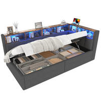 POLSTERBETT 90/200 cm Grau aus Leinen mit LED-Beleuchtung und USB- und Type-C-Anschlüssen - Grau, Textil (90/200cm) - Flora Grace