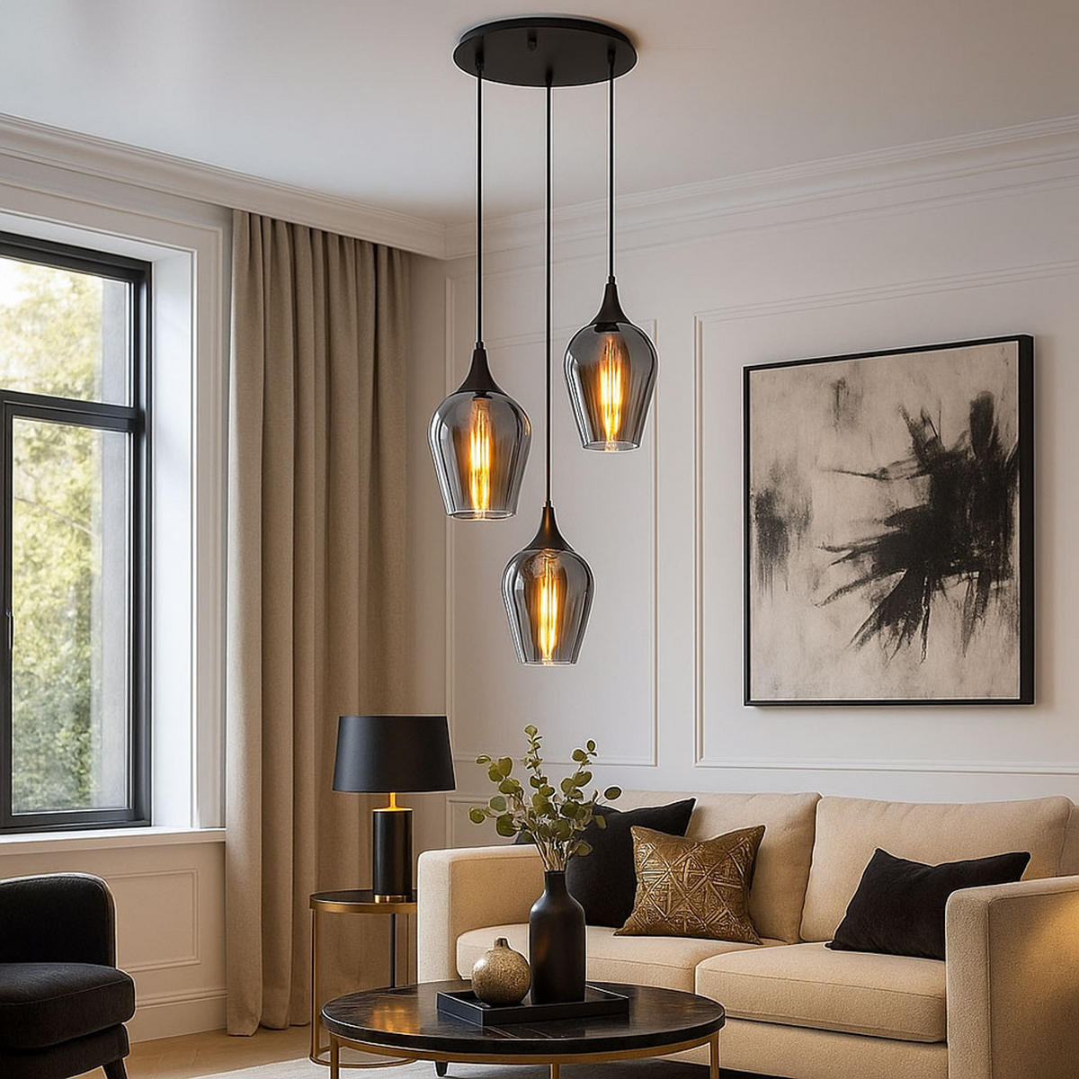 PENDELLEUCHTE Metall Rauchfarbe 3-Flammig - Schwarz, Glas (45/45/120cm) - Globo Lighting