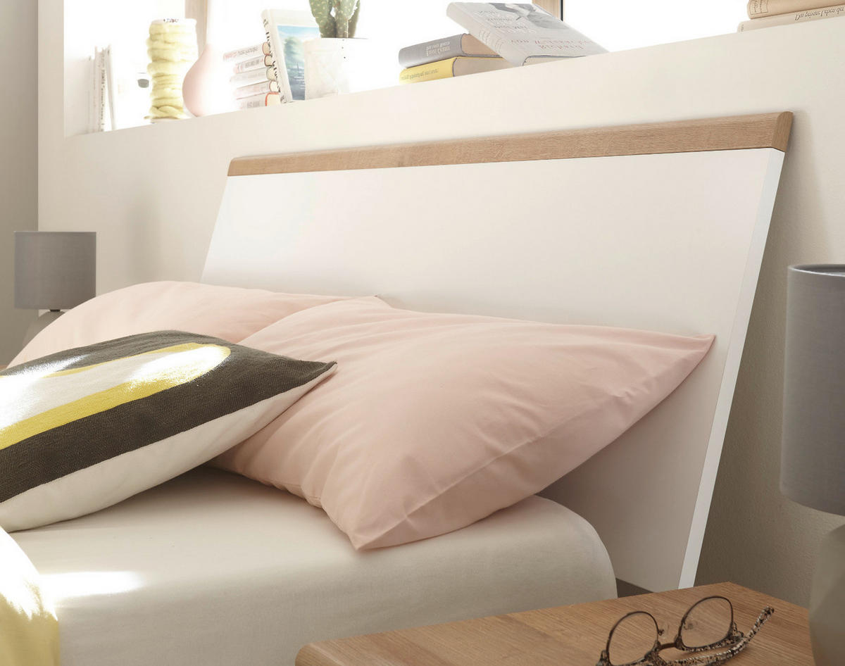 BETT weiß, Eiche Riviera, Einzelbett skandinavisch, Liegefläche 140 x 200 cm - Eichefarben/Weiß, Holzwerkstoff (140/200cm) - Furn.Design