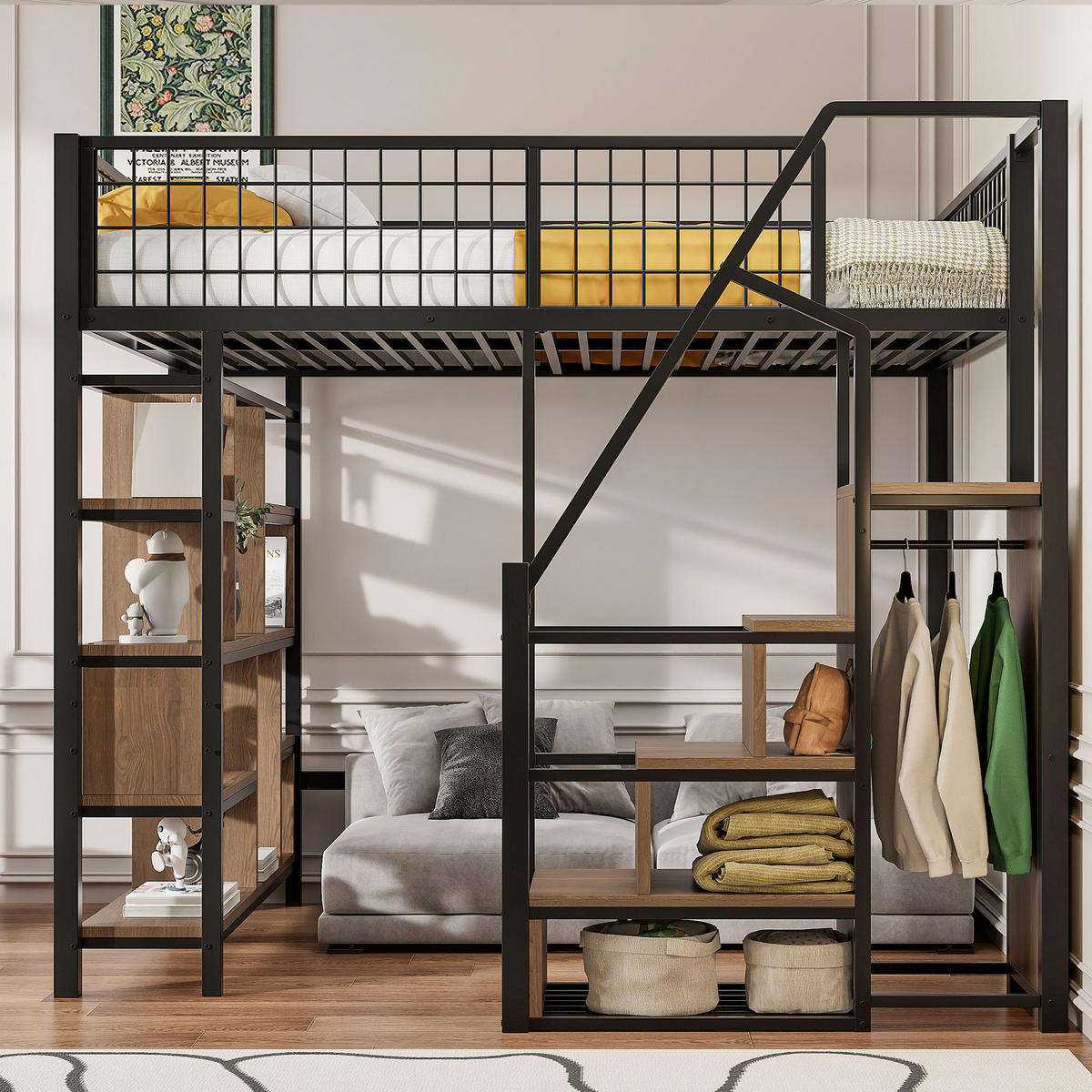 HOCHBETT 140/200 cm Schwarz Metallbett mit Stauraumtreppe - Schwarz, Metall (140/200cm) - OKWISH