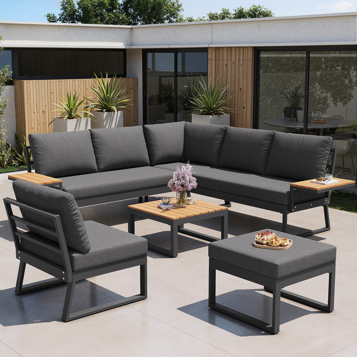 GARTEN-LOUNGE-SET L-Form Grau/Beige 6-tlg. - Grau, Metall - ComfortXL