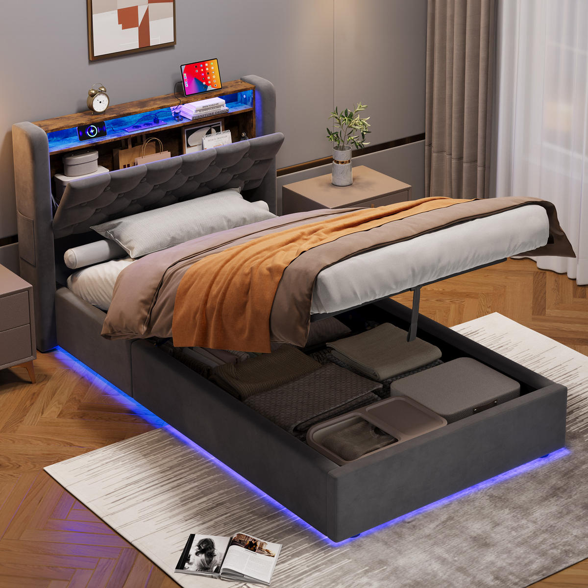 POLSTERBETT 90/200 cm mit hydraulischem Bettkasten, Schubladen, Klappbares Kopfteil, LED-Beleuchtung, Grau - Grau, Textil (90/200cm) - Redom