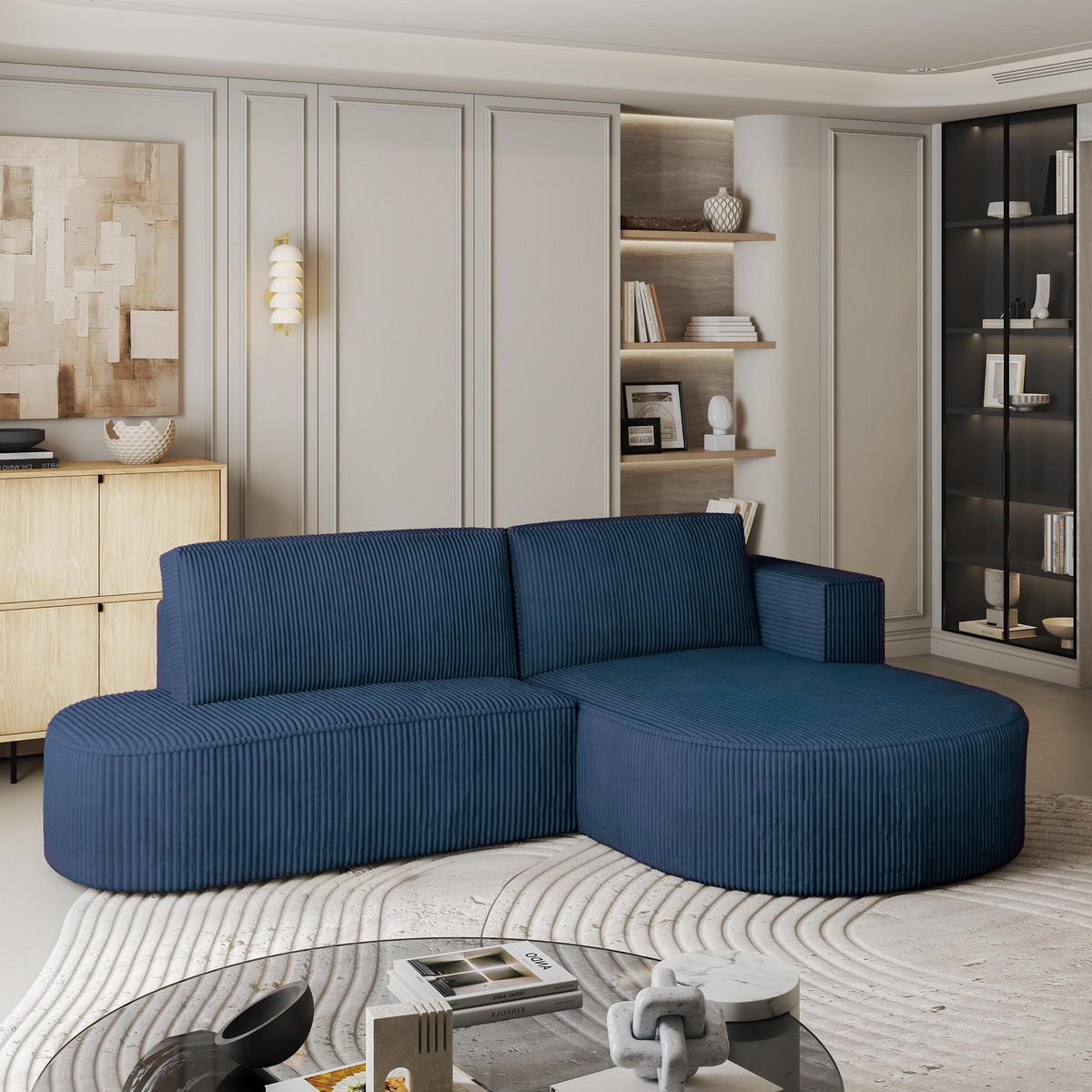 ECKSOFA CORTIO P R-S Blau Kordstoff mit Schlaffunktion - Blau, Holz (265/174cm) - MASSENO