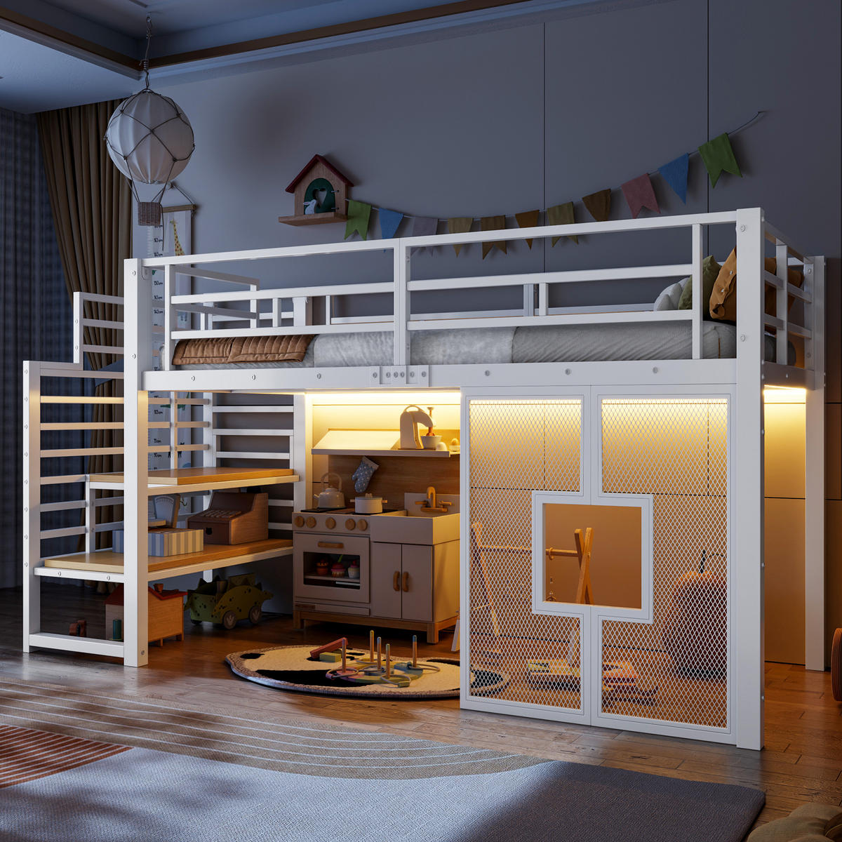 HOCHBETT 90/200 cm in Weiß mit Treppe, Stauraum und LED - Weiß, Metall (90/200cm) - WISHDOR