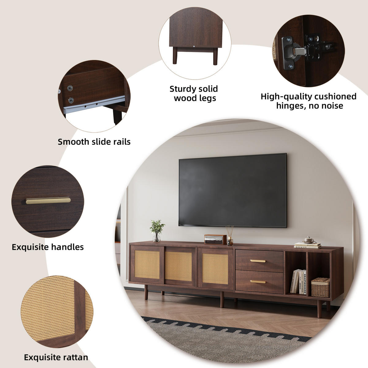 LOWBOARD 190/40/52 cm Braun aus MDF mit Rattantüren - Braun, Holzwerkstoff (40/52/190cm) - OKMYHOME