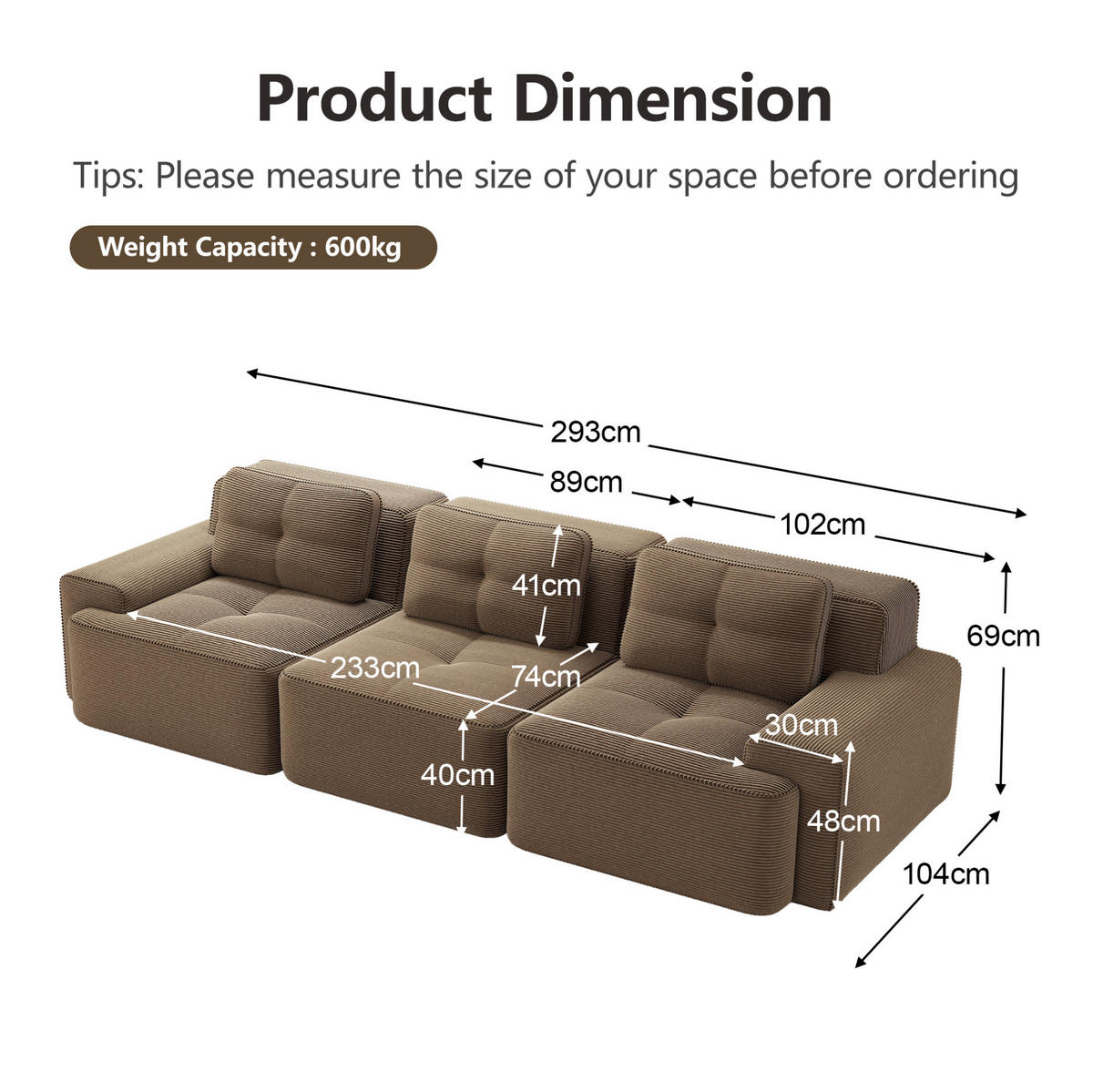 SOFA modular mit Tiefsitz Cord Brown - Braun, Kunststoff (104/69/293cm) - Meubliv