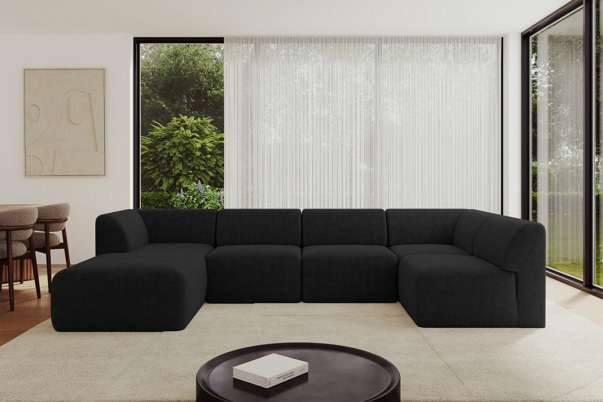 WOHNLANDSCHAFT Ottomane Links MOVO-L 345x180x78 cm Schwarz Tissu - Schwarz Hochglanz, Holzwerkstoff/Kunststoff (345/78/180cm) - ALTDECOR