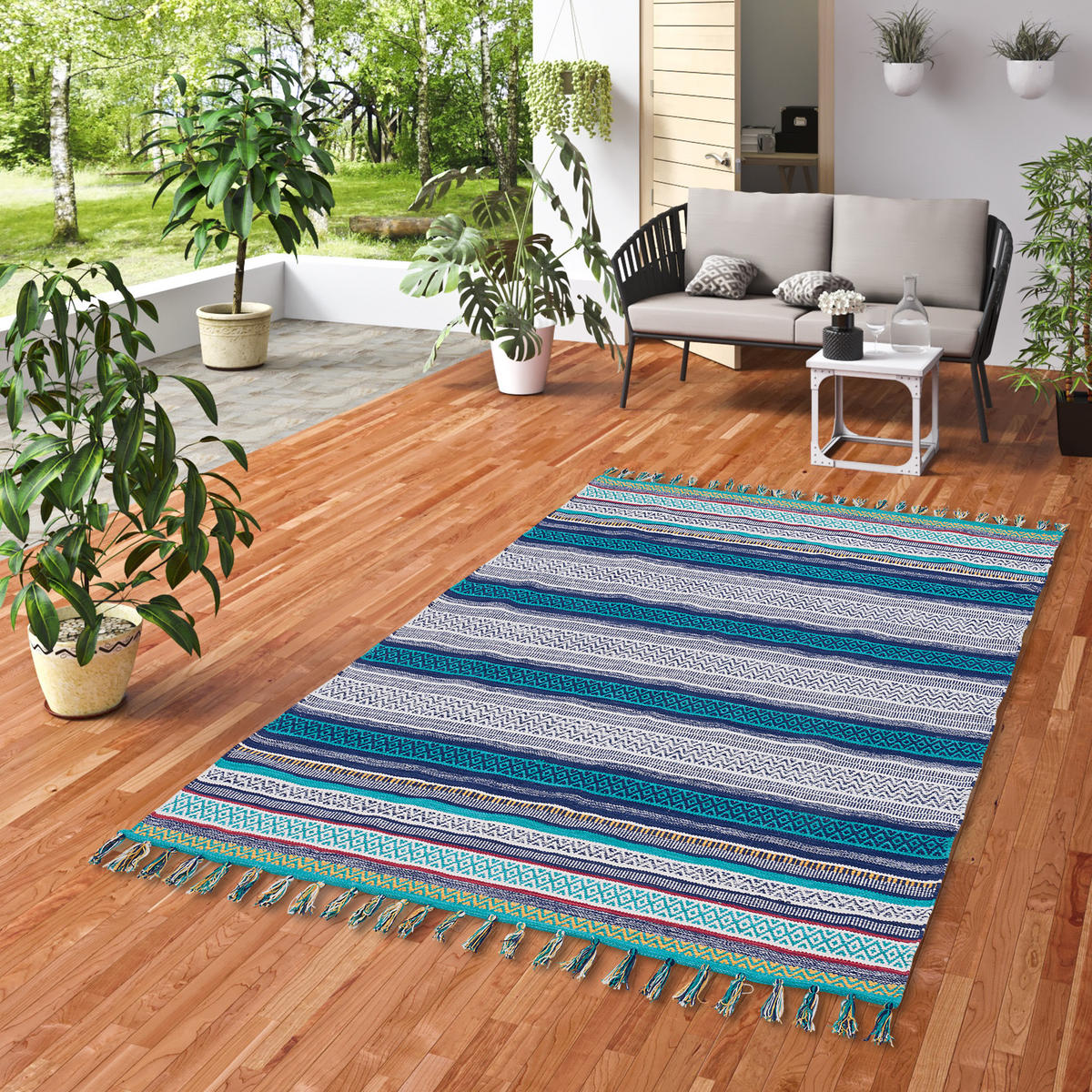 KELIM BAUMWOLLE NATUR TEPPICH GRACE - Blau, Textil (120/180cm) - Pergamon