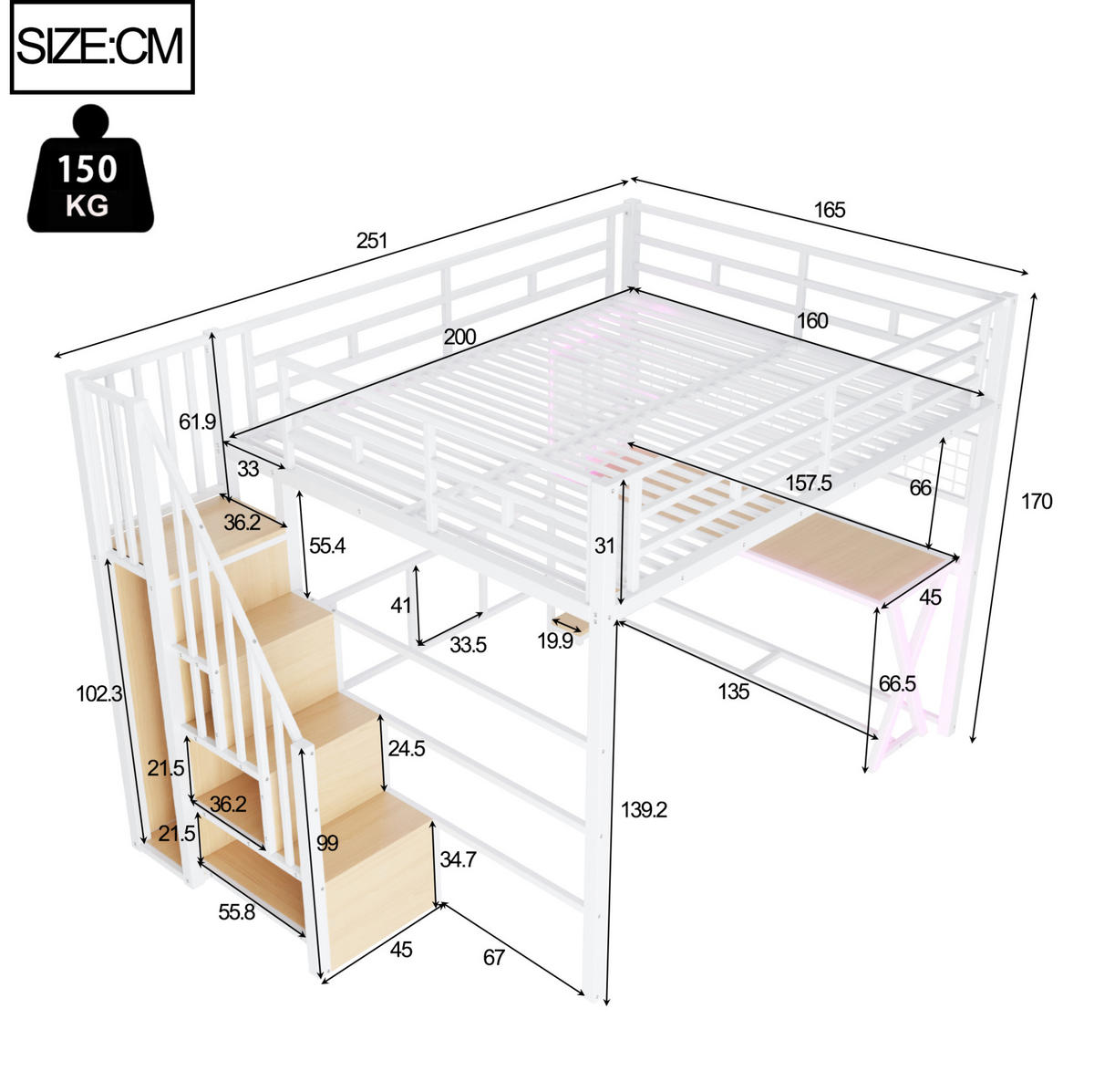 HOCHBETT aus Metall und MDF 160x200 cm Weiß mit LED-Beleuchtung, Schreibtisch und Kleiderschrank - Weiß, Holzwerkstoff (160/200cm) - Modfu
