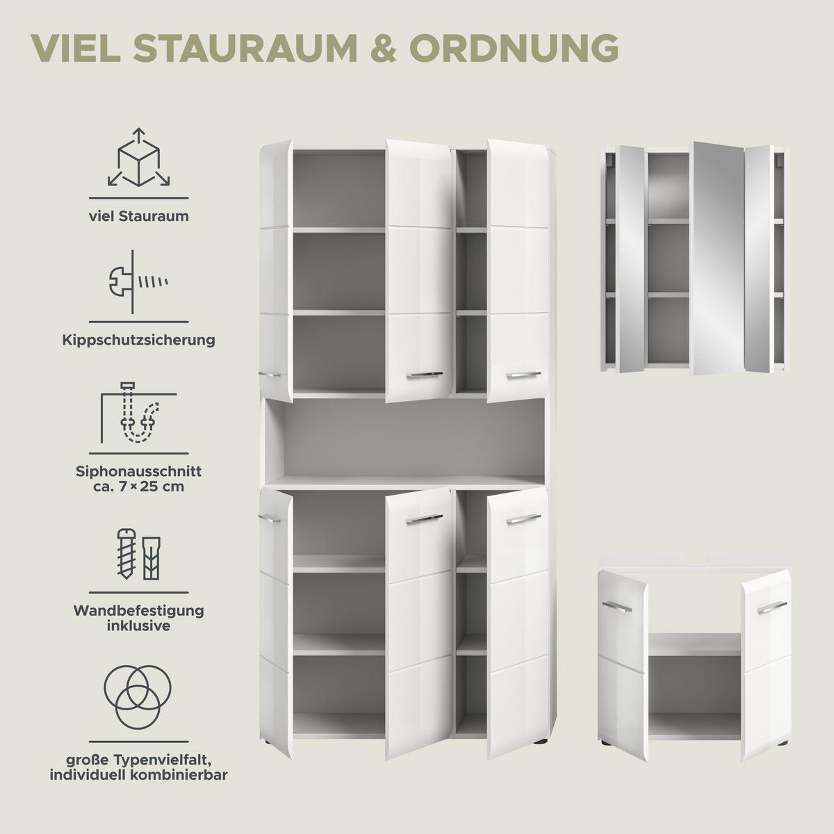 BADKOMBINATION 3 tlg. Ice Bad in weiß Nachbildung und weiß hochglanz B/H/T: 165x185x30 cm - Weiß, Holz (165/185/30cm)