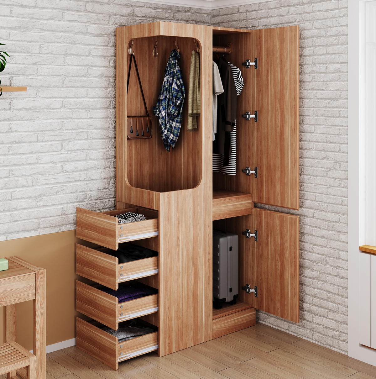 KLEIDERSCHRANK 70/170/40 cm Weiß/Holz aus Kiefer, Sperrholz und MDF mit Schubladen - Nussbaumfarben, Holzwerkstoff (40/170/70cm) - OKMYHOME