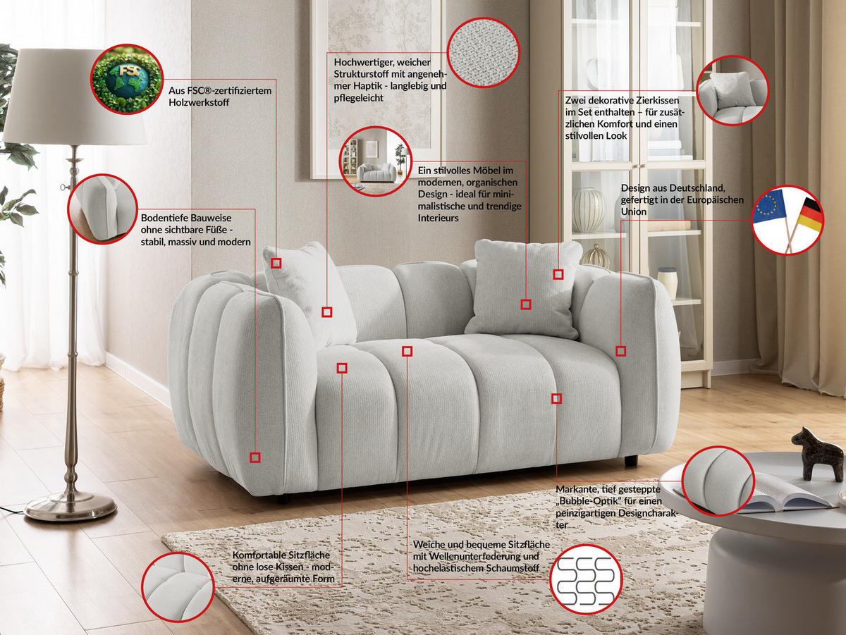 2-SITZER SOFA Nubira in tief gesteppter Bubble-Optik aus weichem Hellgrau Strukturstoff im modernen Design - Hellgrau/Schwarz, Holz/Kunststoff (172/69/89cm) - S-Style Möbel