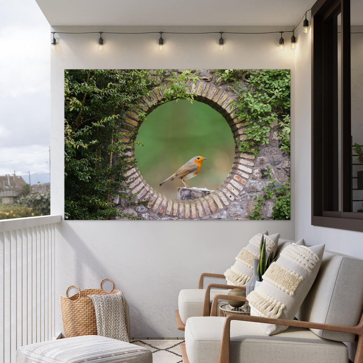 ZAHRADNÍ PLAKÁT Pták - průhled - Robin 180x120 cm - zelená barva, plast (180/120/0.2cm) - OnlyWow