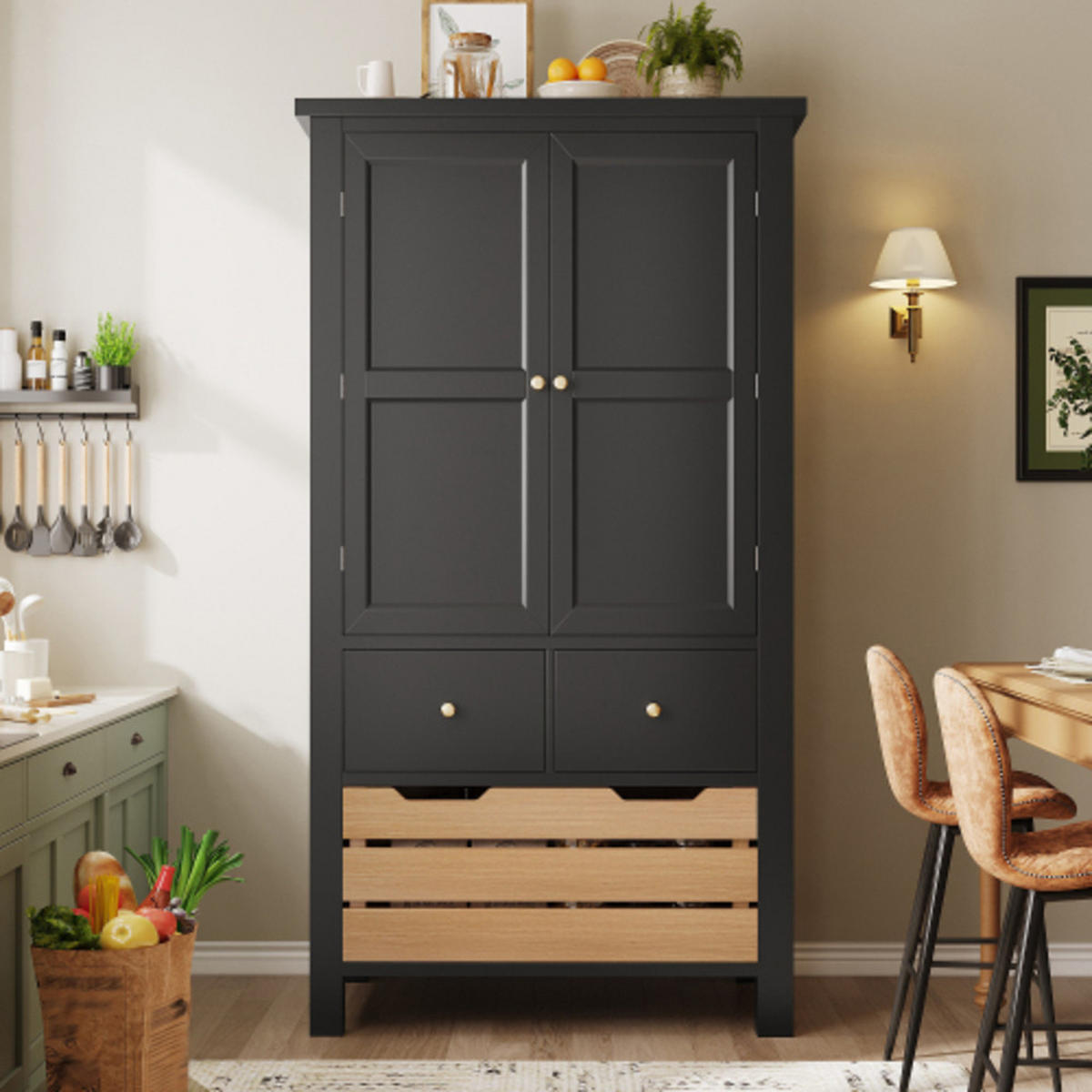 SIDEBOARD 80×40×140 cm aus MDF & Metall mit großem Stauraum und Kippschutz, schwarz - Schwarz, Holzwerkstoff (80/140/40cm) - Luhomfu