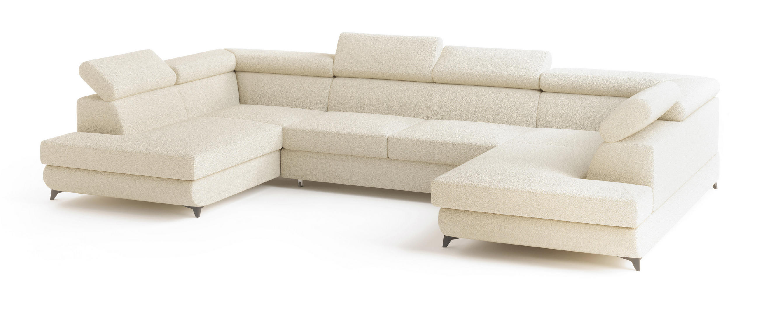 WOHNLANDSCHAFT VINTESSA Creme Boucle-Stoff mit Schlaffunktion - Creme, Holz (323/89/190cm) - MASSENO