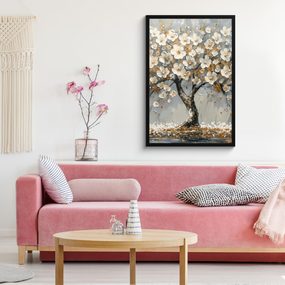 POSTER MIT RAHMEN Baum - Blumen - Weiß - Natur - Kunst 60x90 cm - Weiß, Papier (60/90cm) - MuchoWow