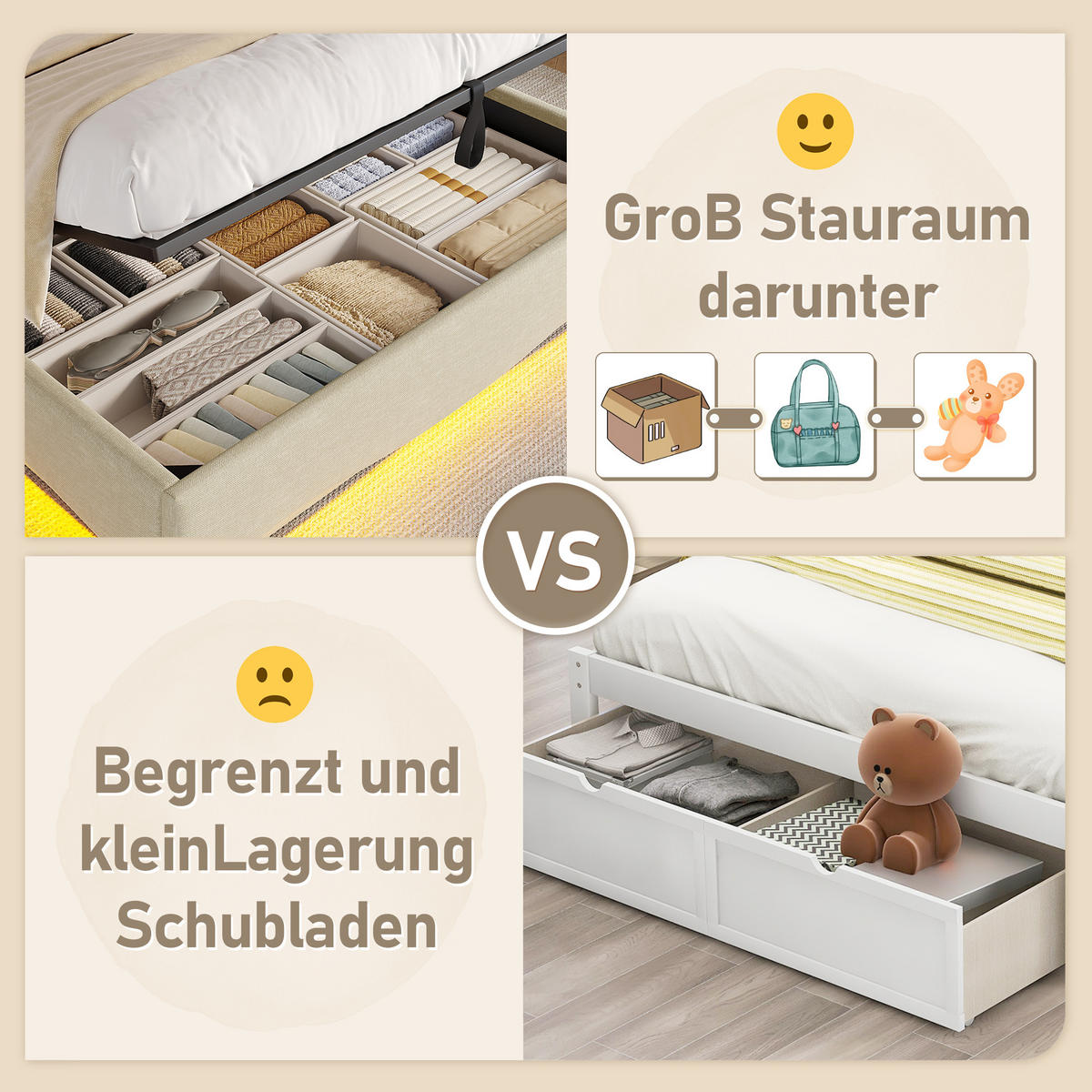 POLSTERBETT 140x200cm Beige LED Hydraulik USB Leinen - Beige, Holz (140/200cm) - FLIEKS