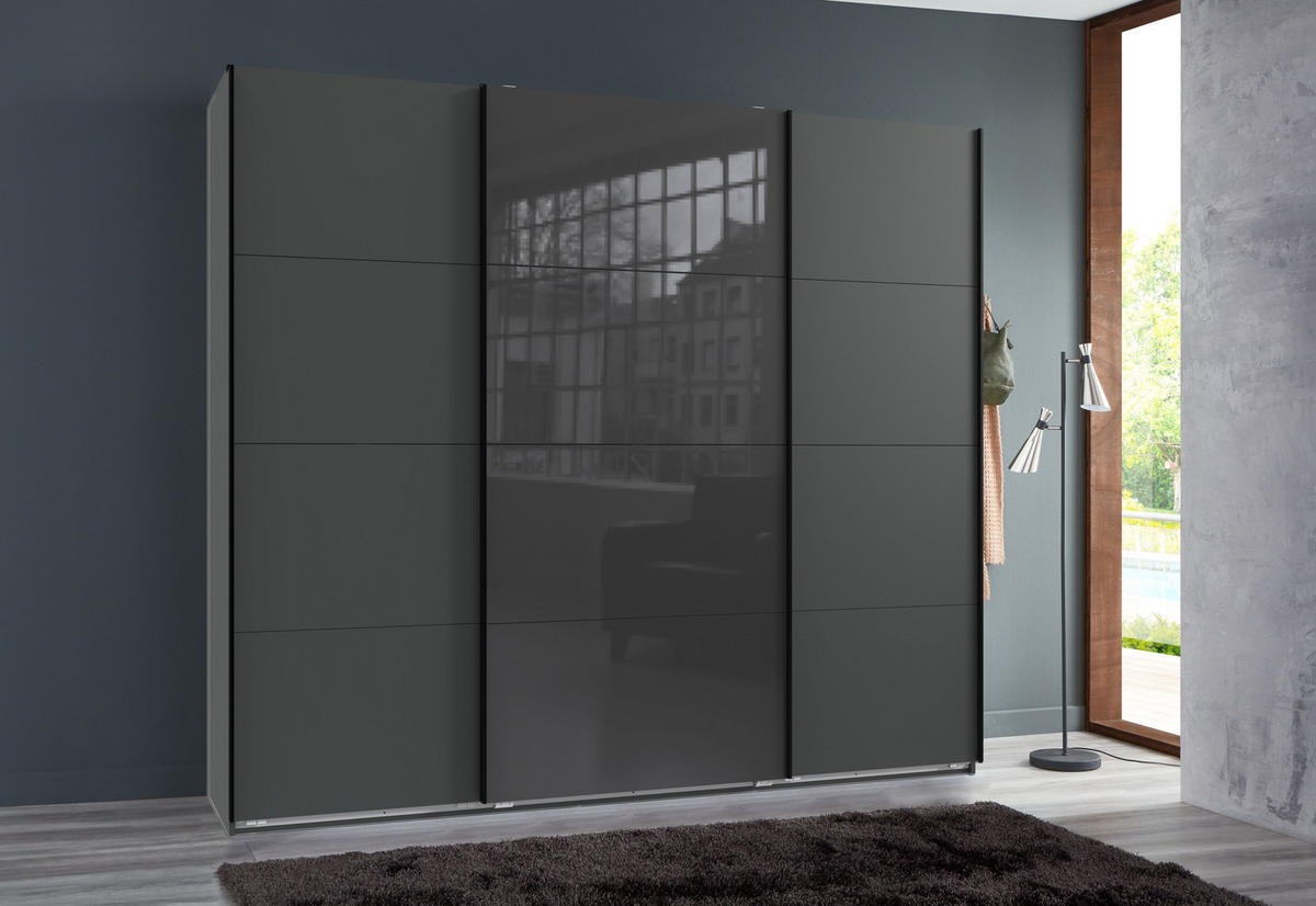 SCHWEBETÜRENSCHRANK 3-türig in Grafit, eine Tür mit Glasfront Grau, B225/H208/T64 cm / 22523 - Edelstahlfarben/Graphitfarben, Holzwerkstoff/Metall (225/208/64cm) - luma-home