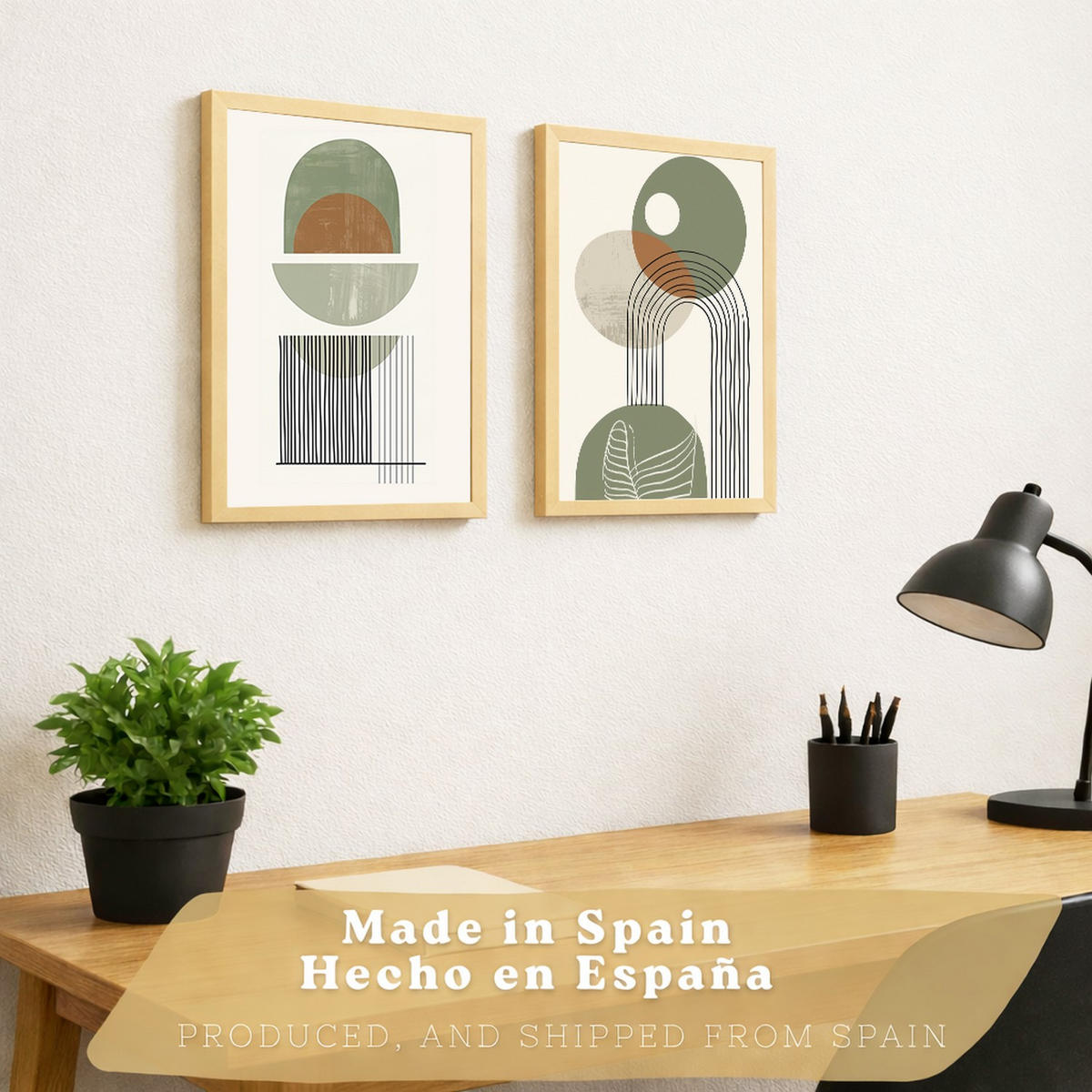 PLAKAT Sada 2 Zelené tvary A3 Lehký dřevěný rám - béžová, papír (29.7/1/42cm) - Nacnic