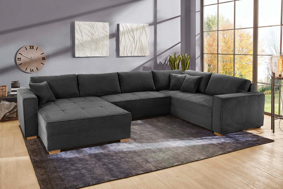 WOHNLANDSCHAFT Schlaffunktion Bettkasten Wellenunterfederung, spiegelverkehrt montierbar U-Form B379/T227/H86 cm, Cord Grau Anthrazit / 15198 - Schieferfarben/Eichefarben, Holz/Textil (379/86/227cm) - luma-home