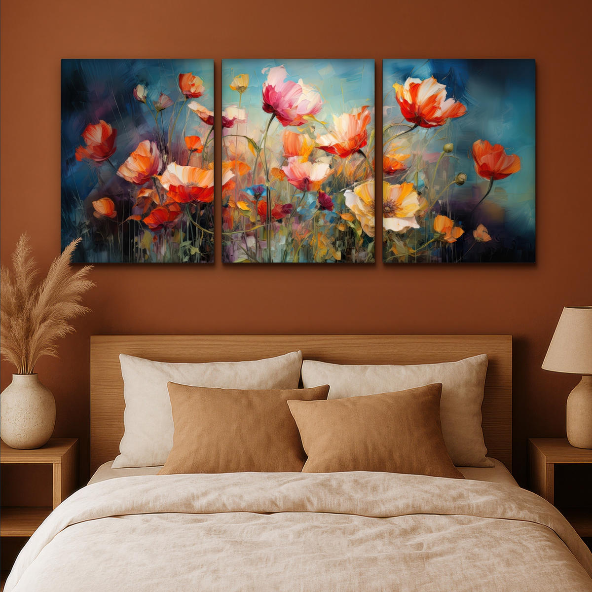 LEINWANDBILD 3er Set Blumen - Bunt - Abstrakt 180x80 cm - Blaugrau, Textil (180/80cm) - MuchoWow