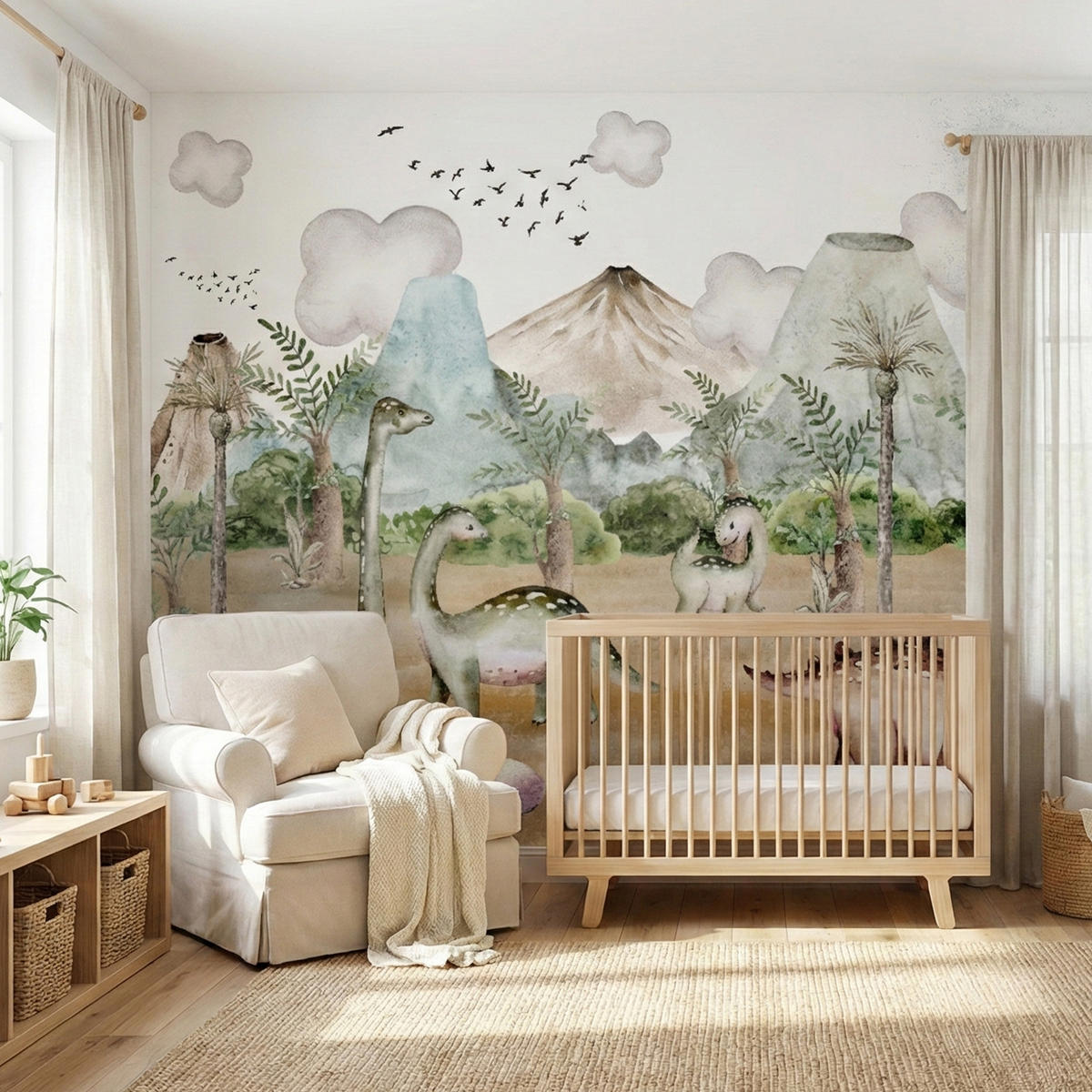 FOTOTAPETE für Kinderzimmer Dinosaurier Welt Vulkane Aquarell Tropische Bäume 350x256 - Blau/Beige, Papier (350/256cm) - Muralo
