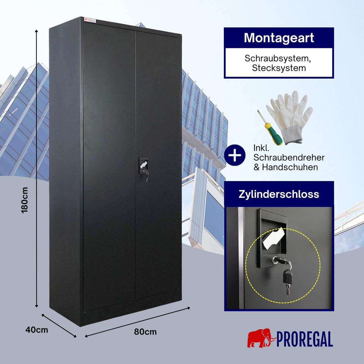 FLÜGELTÜRENSCHRANK Elephant 180x80x40cm 6 Fächern & Kleiderstange Schwarz - Schwarz, Metall (80/180/40cm) - PROREGAL