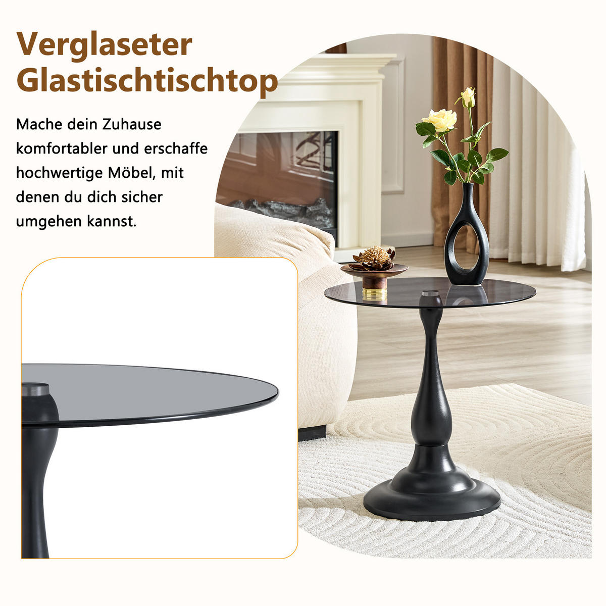 BEISTELLTISCH DE-37360 rund mit Glasplatte und geschwungenem Sockel Schwarz - Schwarz, Metall (50/50/51.5cm) - ComfortXL