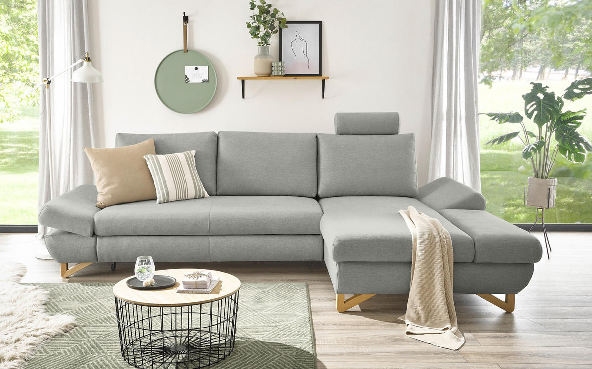 ECKSOFA hellgrau Velours, Sofa mit Bettfunktion und Stauraum 284 cm - Hellgrau, Holz/Textil (284/166cm) - Furn.Design