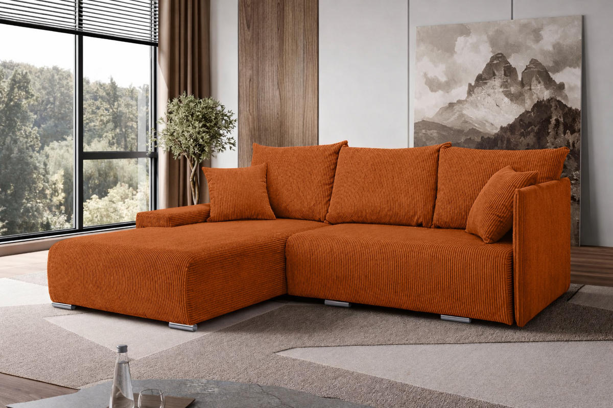 ECKSOFA L-Form Schlaffunktion Livorno Cord-Stoff Kupfer Links - Chromfarben/Schwarz, Holz/Kunststoff (246/188cm) - Kaiser Möbel