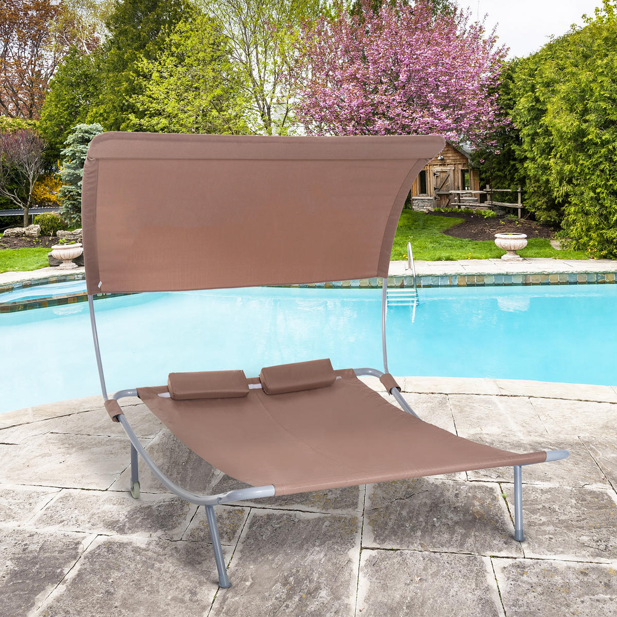 GARTENLIEGE DE-15600 verstellbares Dach, 2 Kissen + Rollen Dunkelbraun - Dunkelbraun, Metall (170/130/200cm) - ComfortXL