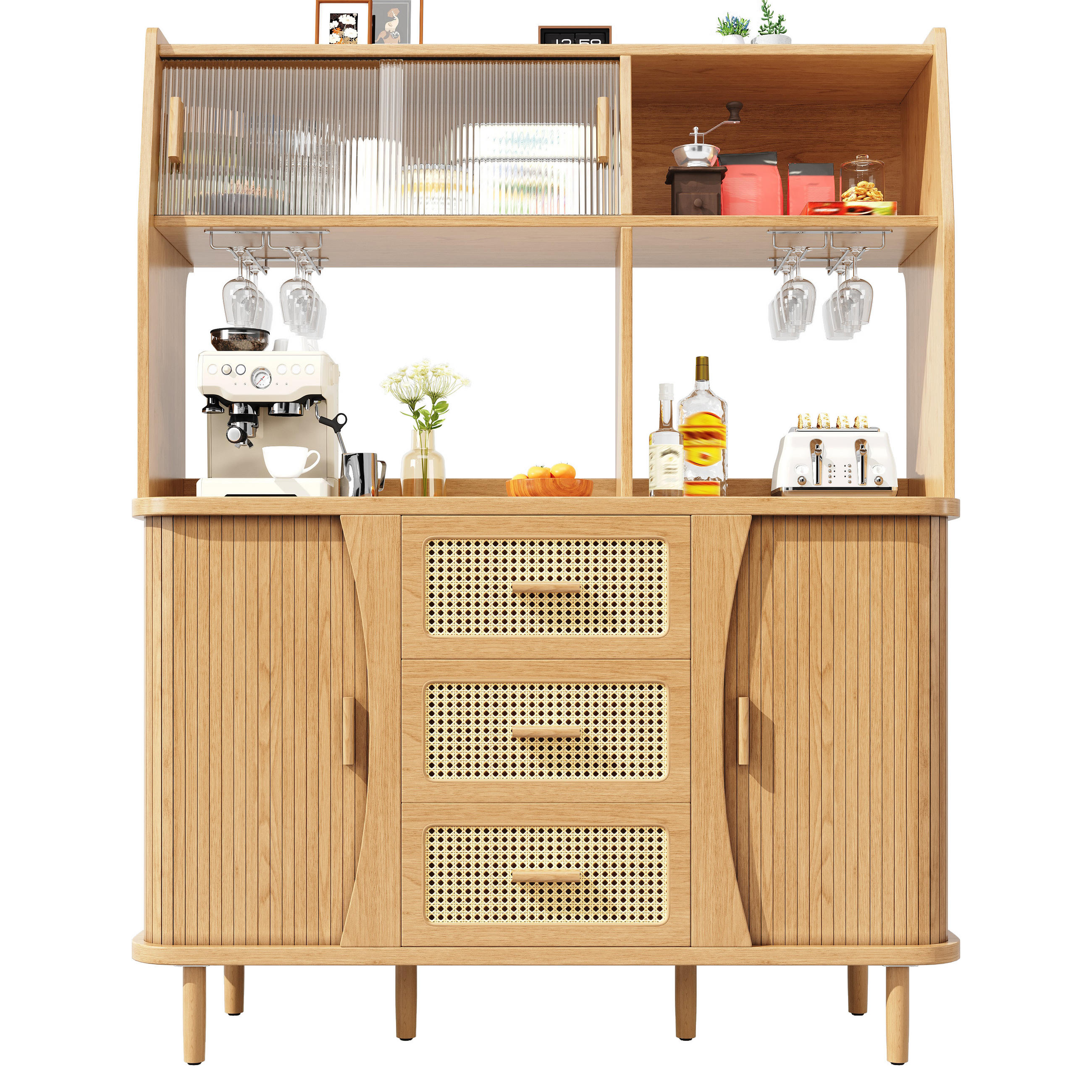 BUFFETSCHRANK Rattanoptik Glas Schiebetür Nussbaum - Naturfarben, Metall (140/174.5/40.5cm) - FLIEKS