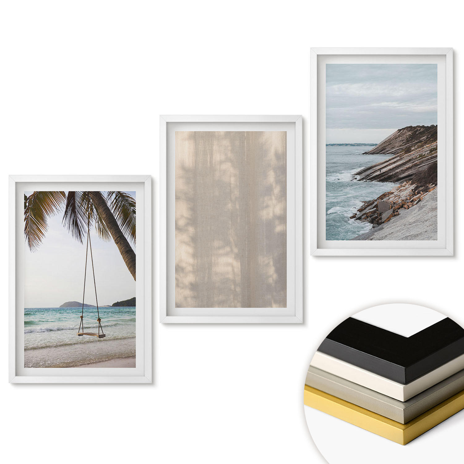 WANDBILDER 3er-Set - 40x60 cm Weißer Rahmen - Sommerlicher Sandstrand mit Meerblick - Weiß, Kunststoff (40/60cm) - ArtPrintCave