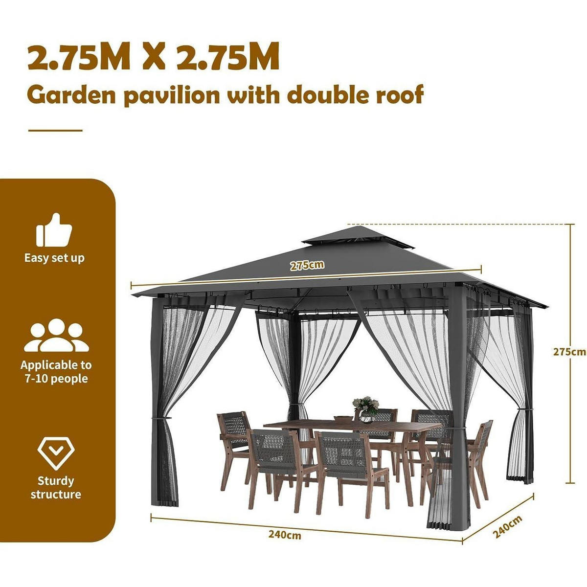 GARTENPAVILLON 2.8 x 2.8M Grau Wasserdicht mit Moskitonetz - Grau, Metall (275/275/275cm)