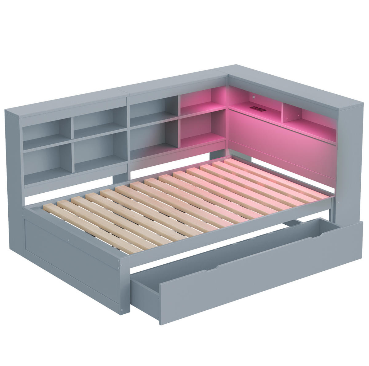 RAHMENBETT mit LED-Beleuchtung 140/200 cm aus Massivholz mit Stauraum - Grau, Holz - BEAOK