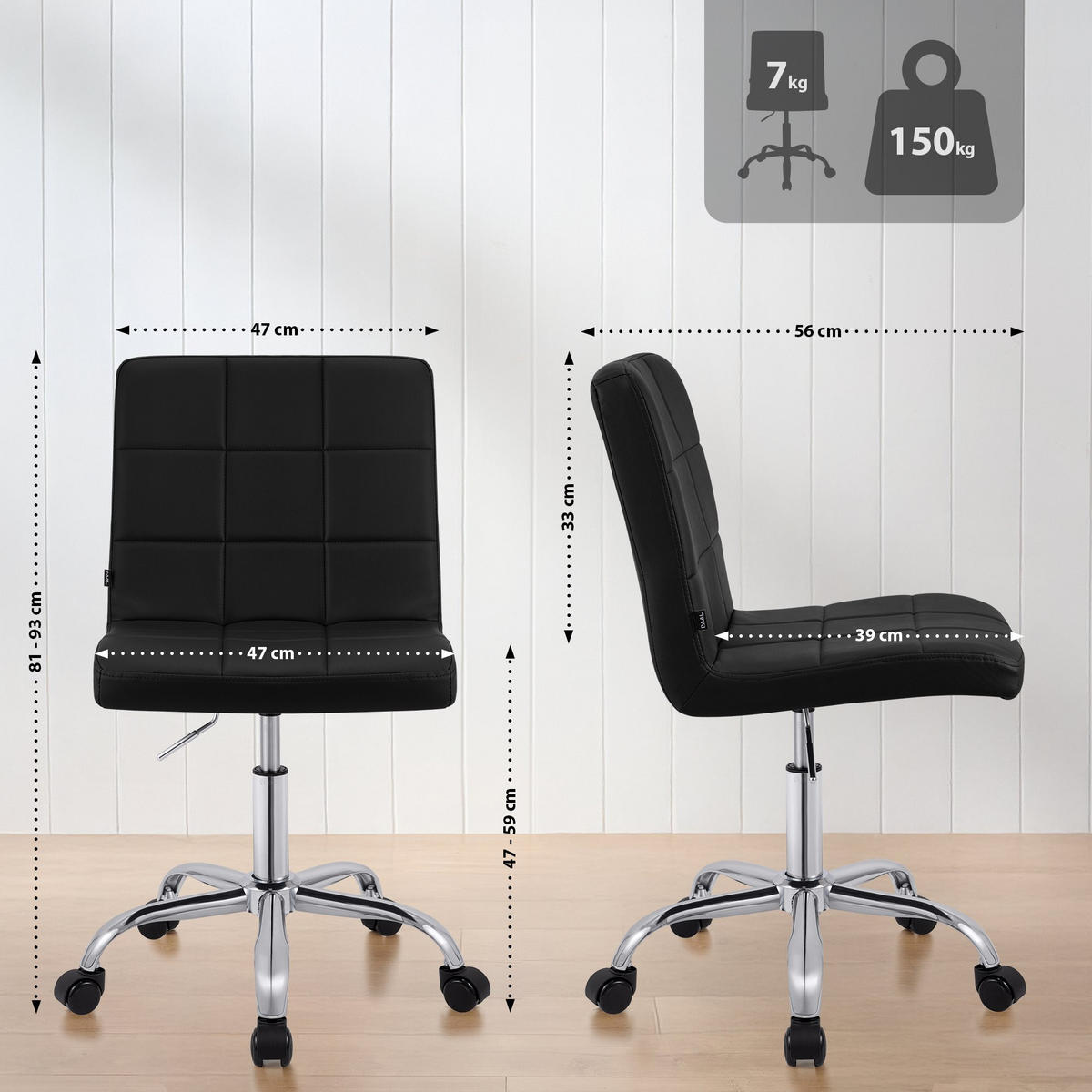 DREHSTUHL Lederlook Schwarz - Chromfarben/Schwarz, Textil/Metall (47/93/56cm) - CLP