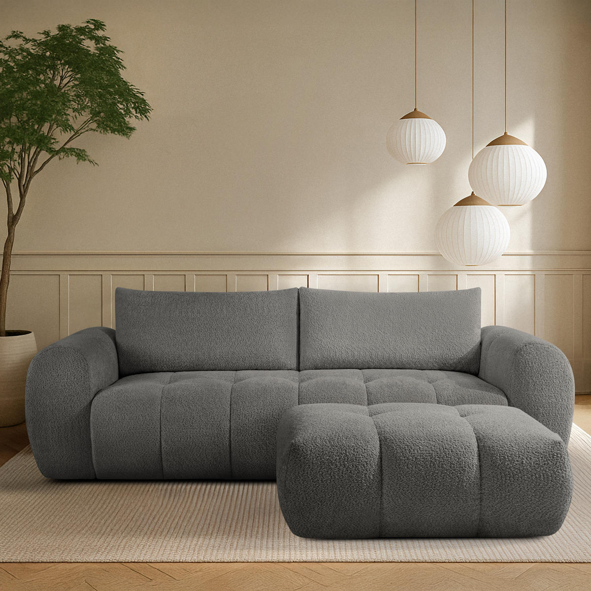 POUF LIRA, Dunkelgrau, Bouclé - Dunkelgrau, Holz/Holzwerkstoff (96/43/50cm) - KONSIMO®