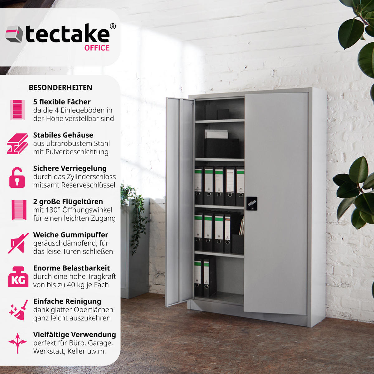 AKTENSCHRANK Blain,180 x 80 x 40 cm,grau - Grau, Metall (40/180/80cm) - tectake